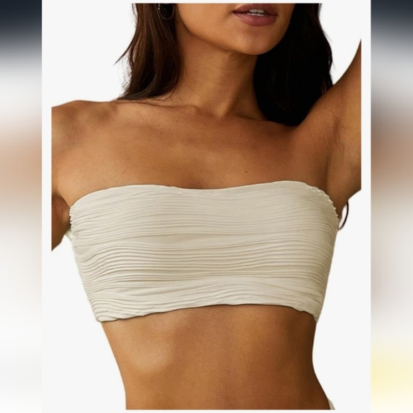 ZAFUL Women Textured Bandeau Bikini Top Lace up Strapless Swimsuit Solid Color 6 - Picture 5 of 12